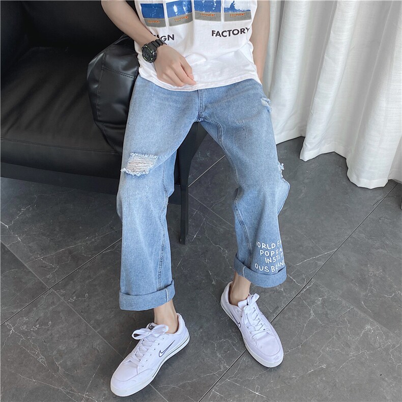 xz116-k705-P48-控68 M-5XL现货浅色阔腿破洞大码牛仔裤图片