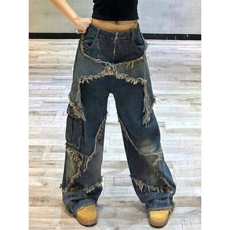 现货美式复古阔腿工装牛仔裤男女小众直筒宽松拖地裤LK85400-P60，男装牛仔裤，星座1008