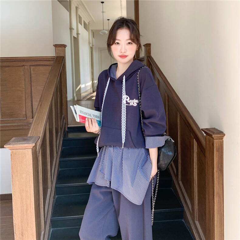 2026春季新款现货藏青色拼格子屁帘卫衣套装2C375-605-P185-k288,女装套装/套裙,2C375