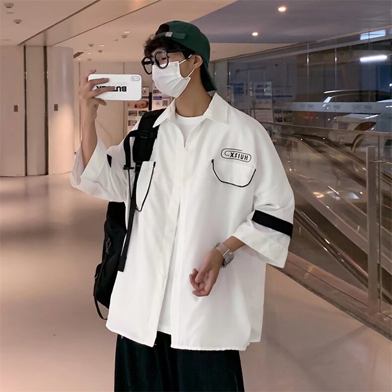 港风短袖衬衫男夏季潮牌学生痞帅气白色五分半袖SK02P32,男装衬衫,星座1116-2