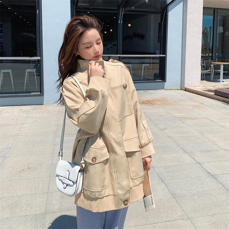 设计感卡其色工装外套女春秋小个子2025新款韩版宽松休闲短款风衣,女装风衣,菡迪欧娜