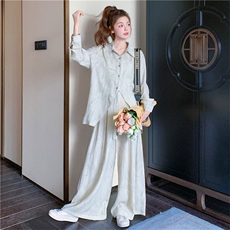 慵懒高级松弛感穿搭套装女2025春秋新款晕染衬衫阔腿裤时尚两件套，女装套装/套裙，2C118