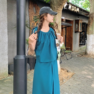 法式甜美减龄背心上衣套装女2025夏季新款显瘦压褶半身长裙两件套图片