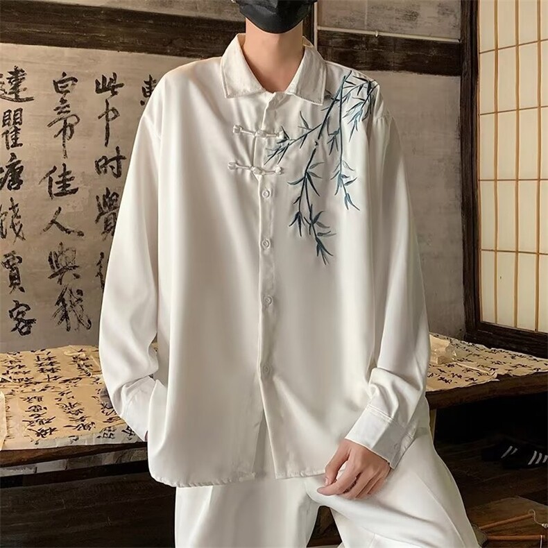 中古风风刺绣衬衫男秋季新款大码宽松长袖衬衣高级感痞帅男装潮,男装衬衫,星座506A