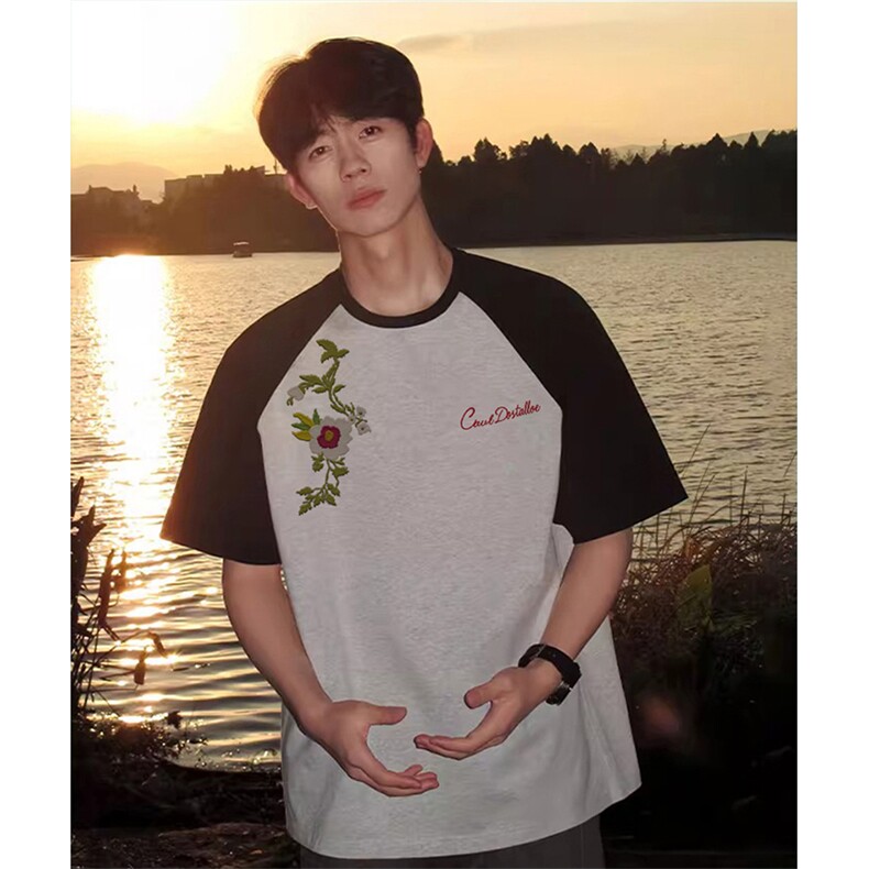 抖音得物高品质二开240克宽松纯棉美式潮牌插肩袖拼接短袖T恤，男装T恤，电商A486