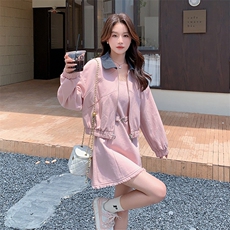 翻领粉色显瘦夹克外套短裙两件套女2025春秋新款韩系上衣减龄套装，女装套装/套裙，2C088