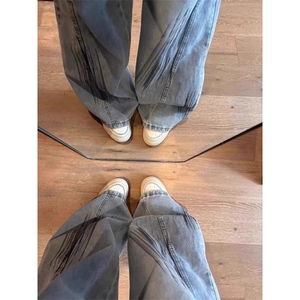 cleanfit高质量浅蓝色破洞弯刀牛仔裤hiphop潮牌解构扎染直筒裤子图片