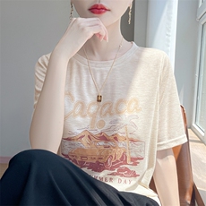 圆领夏季新款短袖宽松百搭T恤背心上衣小众别致气质上衣，女装T恤，绒宛羊绒