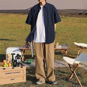 宽松型潮流方领五分袖新款百搭日常气质青春流行春季纯色潮男衬衫图片