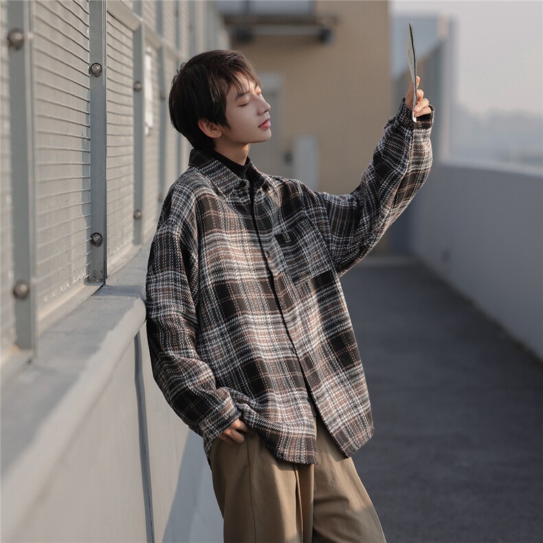 秋冬款cityboy格子衬衫外套男宽松港风日系长袖衬衣DX189P60控78,男装衬衫,电商B413-1