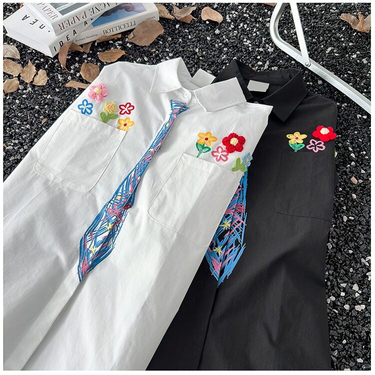 SEVP创意设计感花卉蜡笔手绘领带短袖衬衫男女趣味学院风涂鸦衬衣,男装工装外套,星座1013