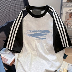 夏季美式高街重磅纯棉三条杠织带插肩撞色男女短袖T恤CZ38-特P25，男装T恤，电商A486