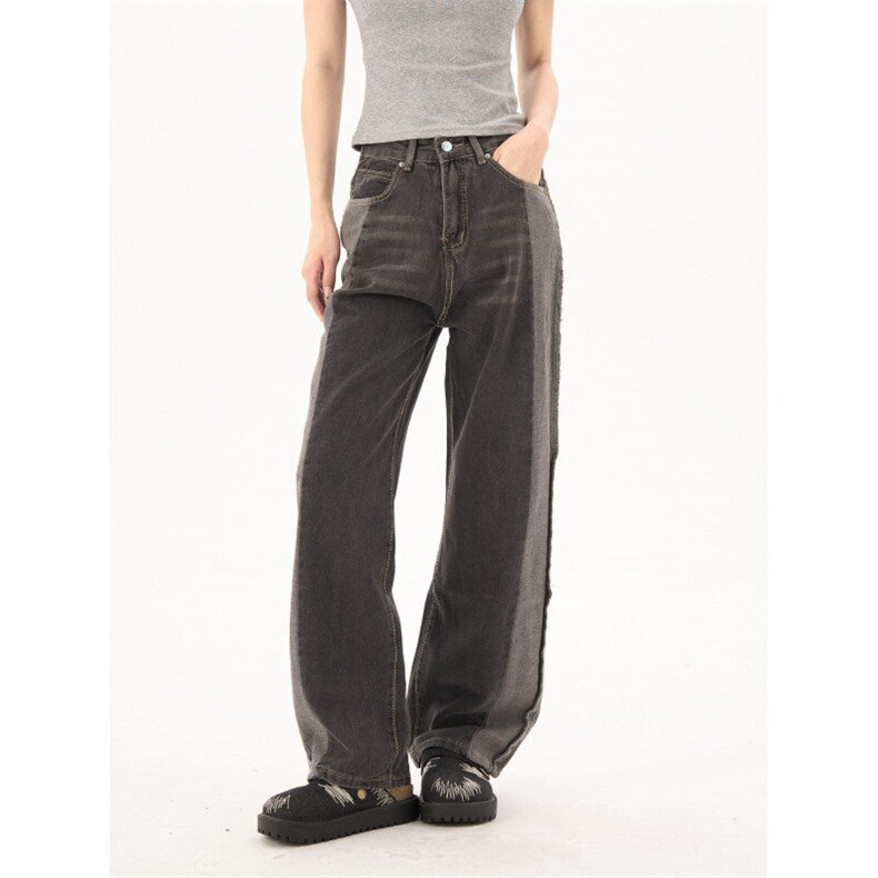 7455-P40春秋新款韩版ins拼接灰色宽松直筒老爹裤牛仔裤女，女装牛仔裤，电商A306A