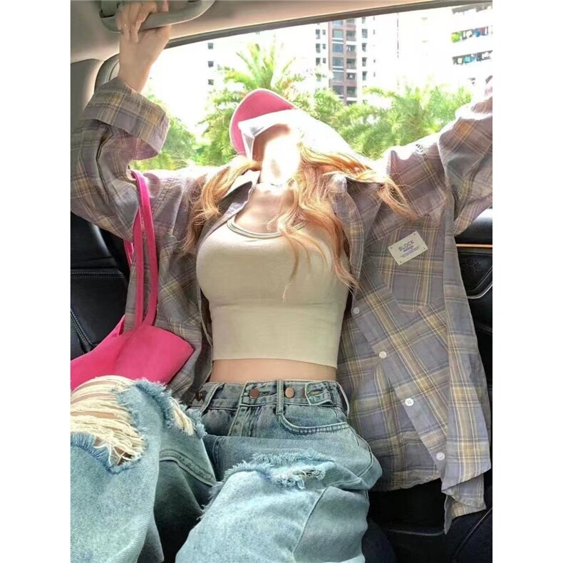 格子衬衫女春夏季薄款2025新款防晒上衣显瘦百搭开衫外搭长袖衬衣,男装衬衫,星座1210-1