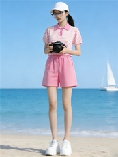 韩版运动休闲套装女夏季新款时髦减龄条纹Polo领上衣阔腿裤两件套，女装套装/套裙，江南