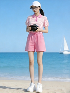 韩版运动休闲套装女夏季新款时髦减龄条纹Polo领上衣阔腿裤两件套图片