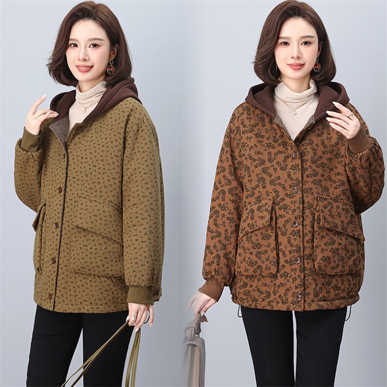 2024冬季新款加厚保暖棉衣棉服小碎花连帽韩版休闲短外套女图片