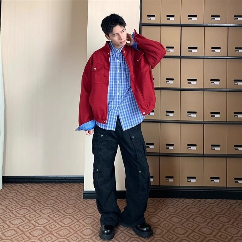 W9459-P80网图现货新款时尚拼接休闲百搭红色外套夹克上衣潮,男装夹克,星座1608-2