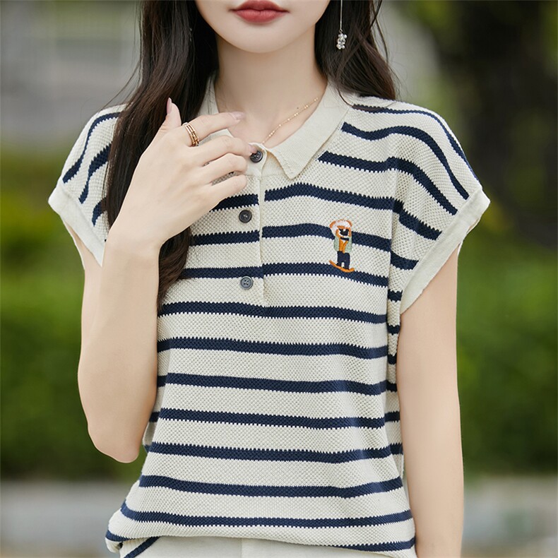 高档条纹刺绣女士短袖T恤2025夏季新款小翻领撞色时尚减龄针织衫,针织衫/毛衣,斯美雅电商供货