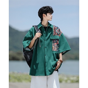 8XL-M民族风拼接短袖衬衫男夏季痞帅半袖衬衣薄款外套DC28009P45图片