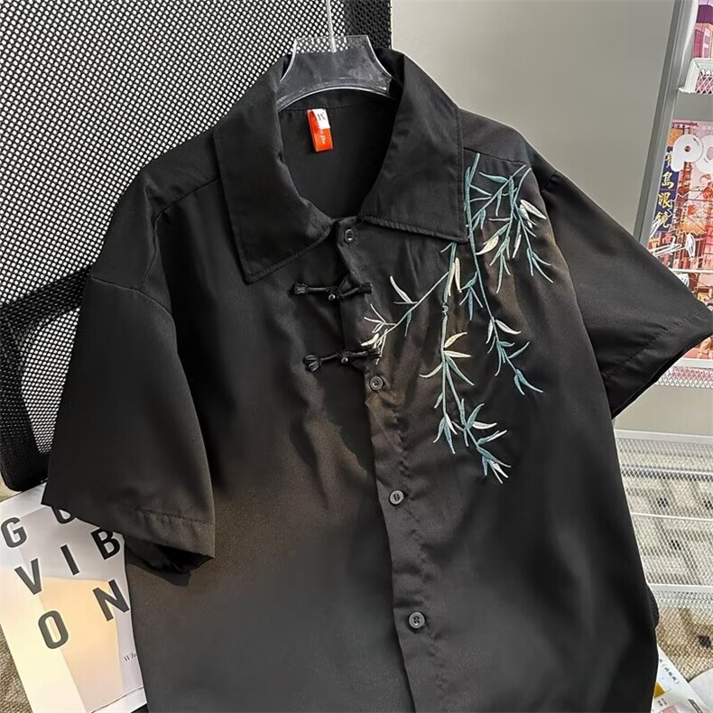 新中式风盘扣刺绣衬衫男士短袖夏季2025新款C277P36,男装T恤,星座1116-2