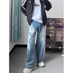 DB26-P55美式涂鸦牛仔裤男女直筒宽松阔腿休闲拖地长裤-网图现货图片