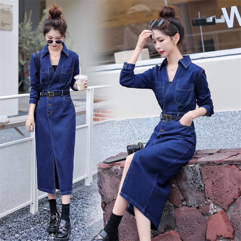 （现货）2026春装新款时尚气质修身显瘦V领牛仔连衣裙（配腰带），女装连衣裙，印象茜