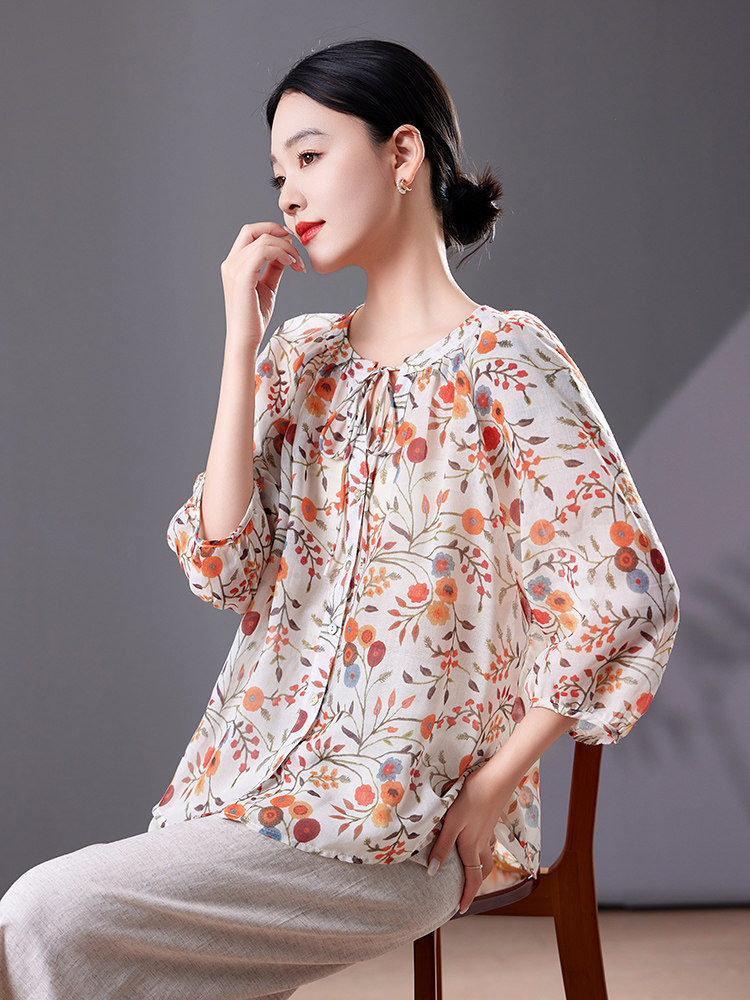 碎花中袖上衣女七分袖高端2025夏季宽松版减龄衬衫轻薄天丝防晒衣,女装衬衫,靓衣阁