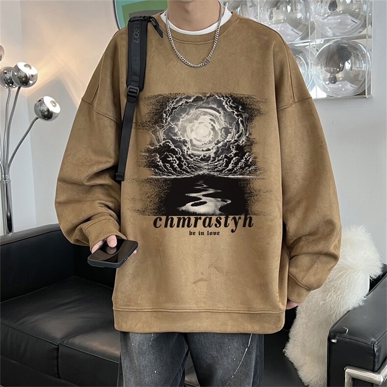 电商DSA028-LPWY2353100聚酯P30新款麂皮绒印花圆领卫衣男限48,男装卫衣,电商A028