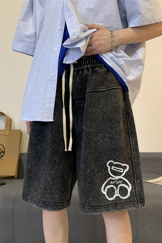 小熊印花重磅纯棉水洗短裤大码XZ604-DK106-P45控58,男装牛仔裤,星座604