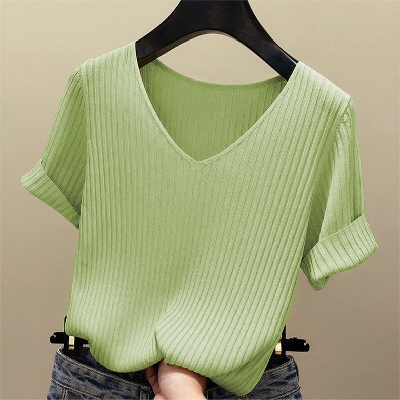 春夏新款纯色宽松套头冰丝上衣薄款V领打底针织衫，女装针织衫/毛衣，美吧服饰