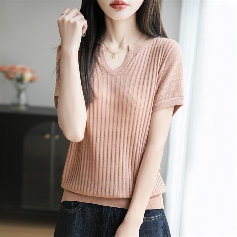 夏季款莱赛尔天丝针织短袖T恤女剪刀V领坑条上衣宽松半袖打底背心,针织衫/毛衣,暖烁特种纱工厂店