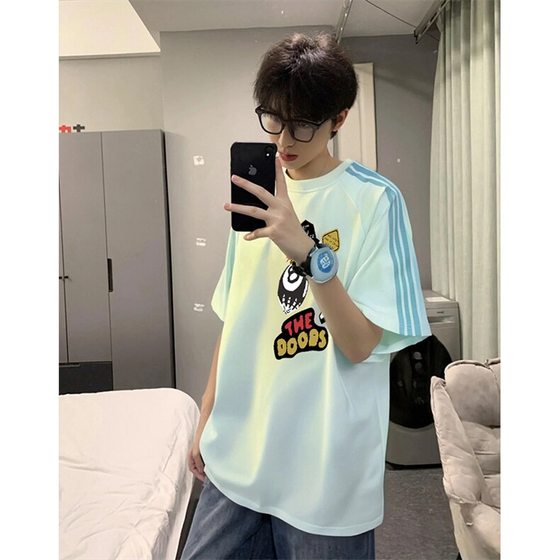 抖音得物品质二开240克宽松纯棉美式潮牌印花三条杠中性风短袖T恤,男装T恤,电商A486