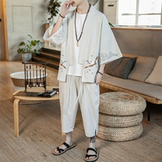 A611P75咖啡厅2024夏装新款七分袖七分裤风绣花汉服套装，男装T恤，电商A026