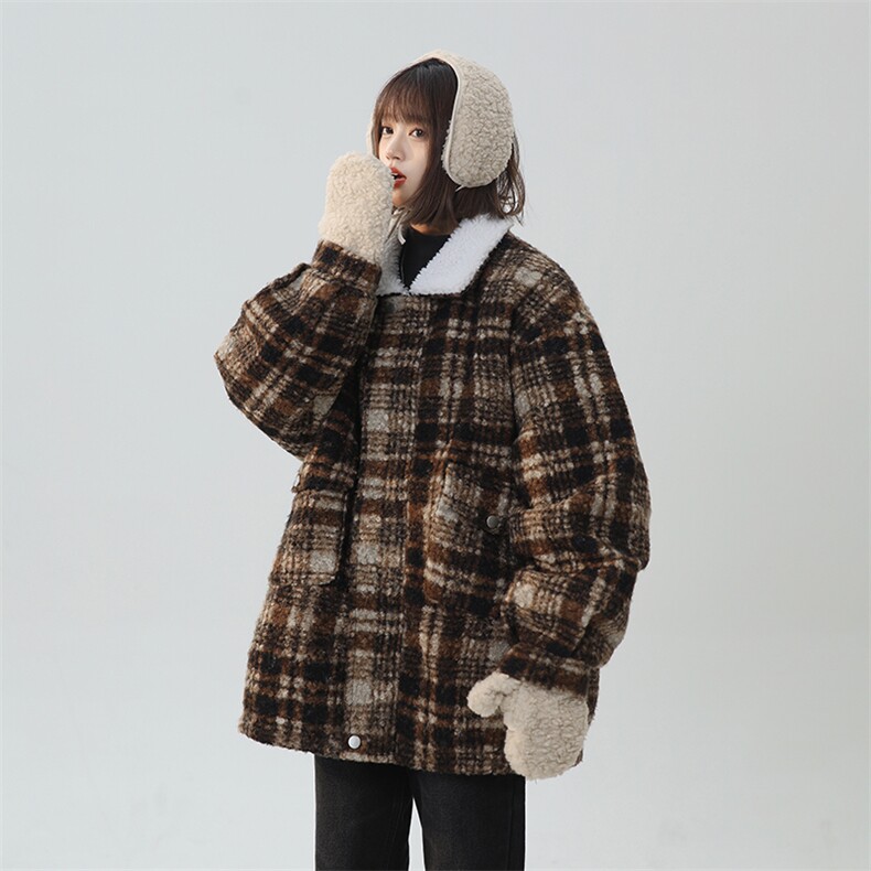 毛呢秋冬格子大衣翻领羊羔绒加绒加厚棉服宽松外套A170-M808-TP95,男装棉衣,电商A170