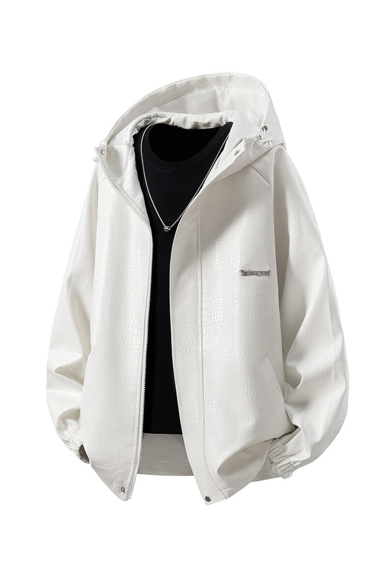 立体白底连帽鳄鱼纹PU皮衣大码M-5XL冲锋衣夹克男JK8744P90控128,男装夹克,星座227-7