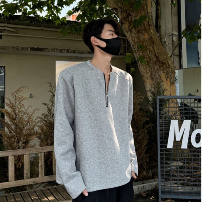 半拉链解构小众设计感花灰色垫肩卫衣男秋季cleanfit重磅长袖T恤,男装卫衣,星座506A