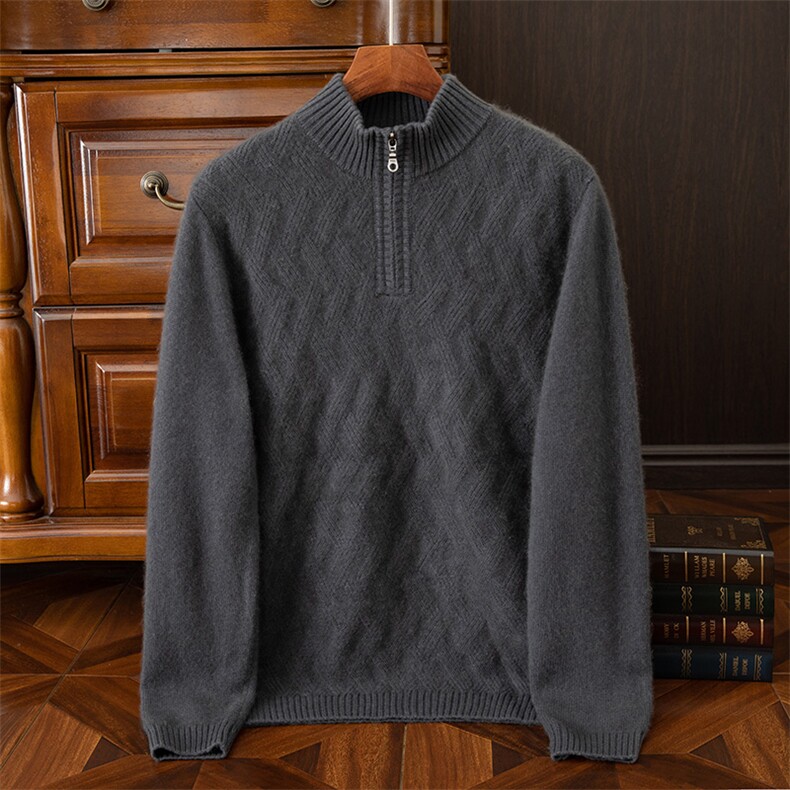 男士秋冬季新款简约35%羊绒衫拉链席编半高领，男装羊绒套衫，狄美羊绒