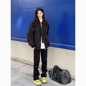 美式复古黑色外套女春秋季新款飞行夹克宽松百搭高级感翻领棒球服图片