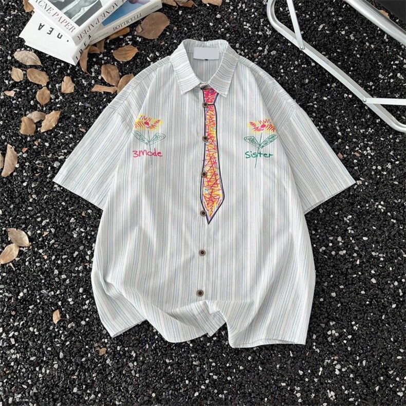 美式趣味条纹涂鸦设计感短袖衬衫男夏小众设计半袖衬衣CY1170-P35,男装T恤,星座412-2