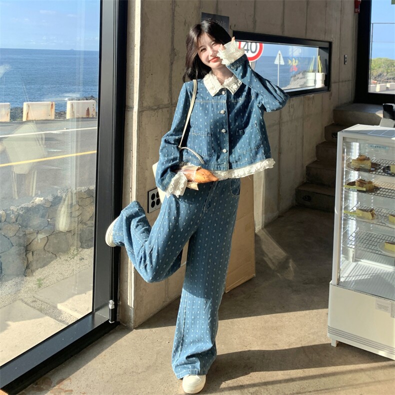 蓝色蕾丝花边牛仔衬衫套装女2025秋季新款学院风休闲阔腿裤两件套,女装套装/套裙,2C198