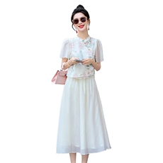 改良旗袍两件套汉服连衣裙女2024夏季新款国风精致刺绣两件套裙子，女装套装/套裙，丽美静依