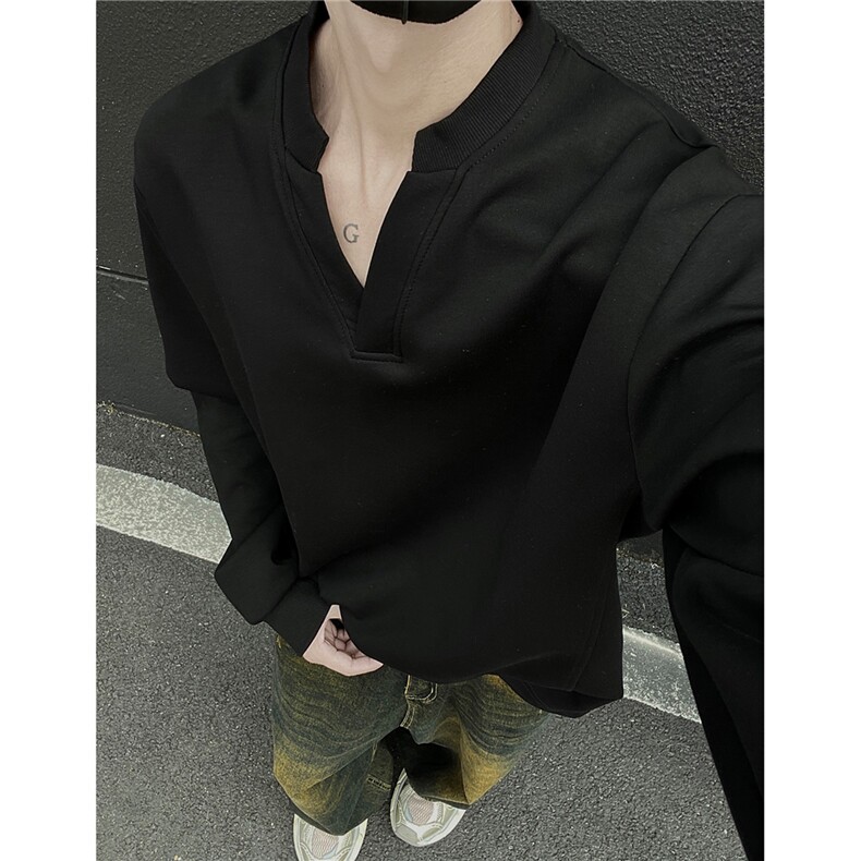 主推慵懒风亨利领长袖V领中性卫衣外套打底衫男H1007特P33，男装T恤，电商A341
