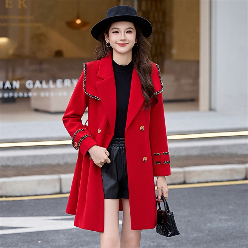 红色毛呢外套女中长款2024年春秋新款收腰显瘦结婚敬酒服呢子大衣,女装毛呢外套,美静678