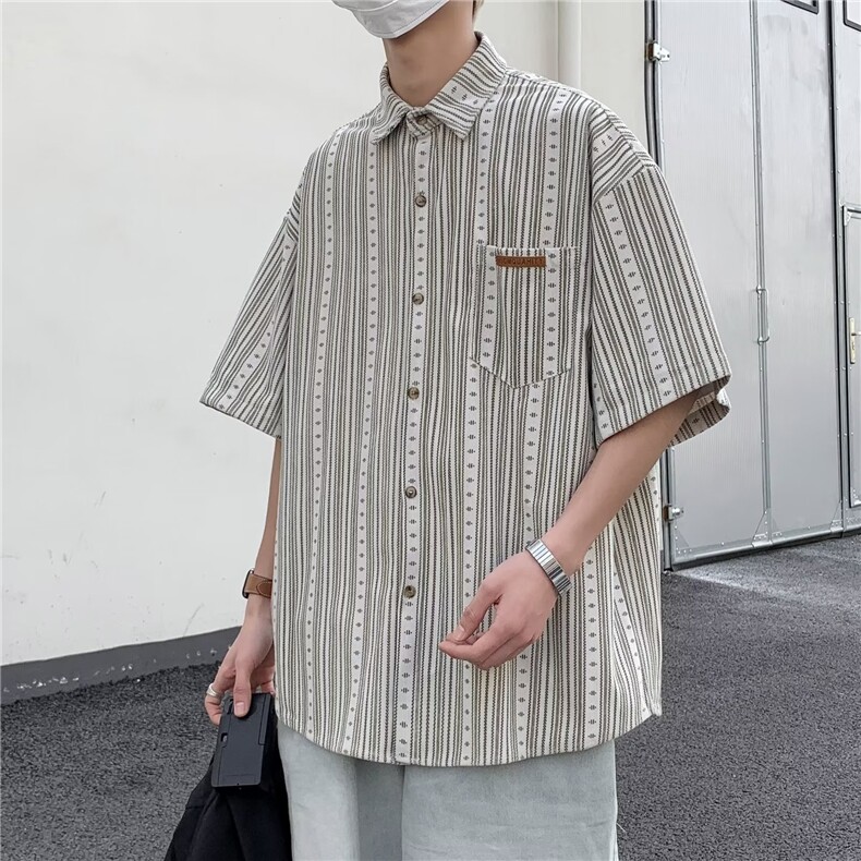 夏季新款日系复古设计感小众短袖条纹衬衫男休闲宽松衬衣,男装衬衫,星座716-2