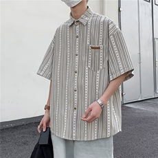 夏季新款日系复古设计感小众短袖条纹衬衫男休闲宽松衬衣，男装衬衫，星座716-2