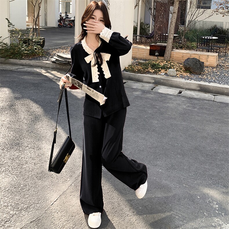 2024春季新款针织两件套蝴蝶结新年红色针织打底衫女高级短款套装,女装套装/套裙,浙宝042
