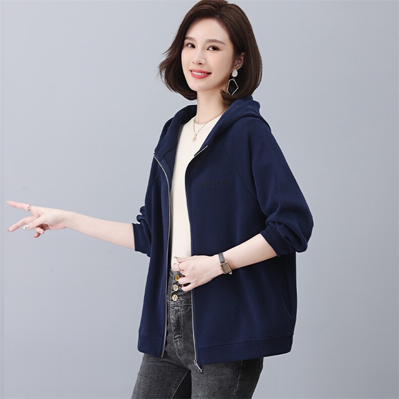 拉链卫衣外套女长袖2024春秋季新款韩版宽松妈妈短款薄款连帽开衫,女装短外套,3200格调