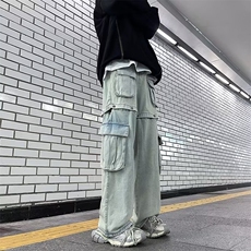 高街复古可拆卸牛仔裤男女秋冬季高腰显瘦直筒裤vibe阔腿长裤子，男装牛仔裤，星座601-2