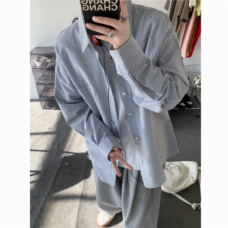 长袖男士秋季衬衫宽松日系帅气衬衣常规款春秋条纹,男装衬衫,星座1302